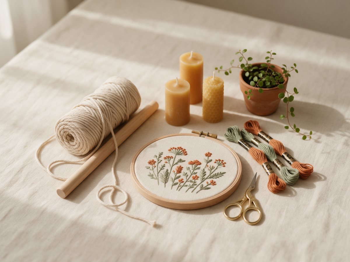 Kreativset von oben auf cremefarbenem Leinen: Makramee-Kordel mit Holzstab, drei Bienenwachskerzen, Stickrahmen mit Wildblumenmotiv, Goldschere, Stickgarn in Salbeigrün und Terrakotta sowie eine kleine Topfpflanze